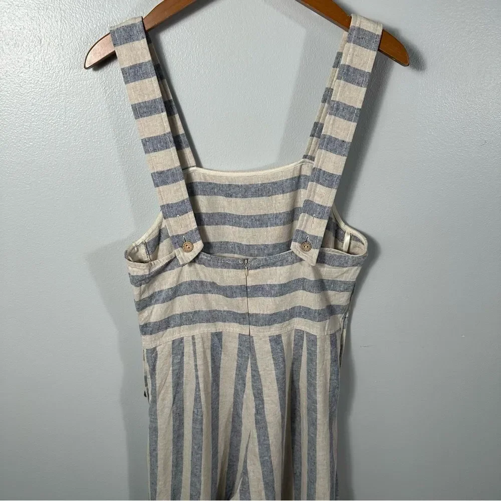 Altar'd State Cream and Blue Sleeveless Striped Linen-Blend Jumpsuit Size Medium